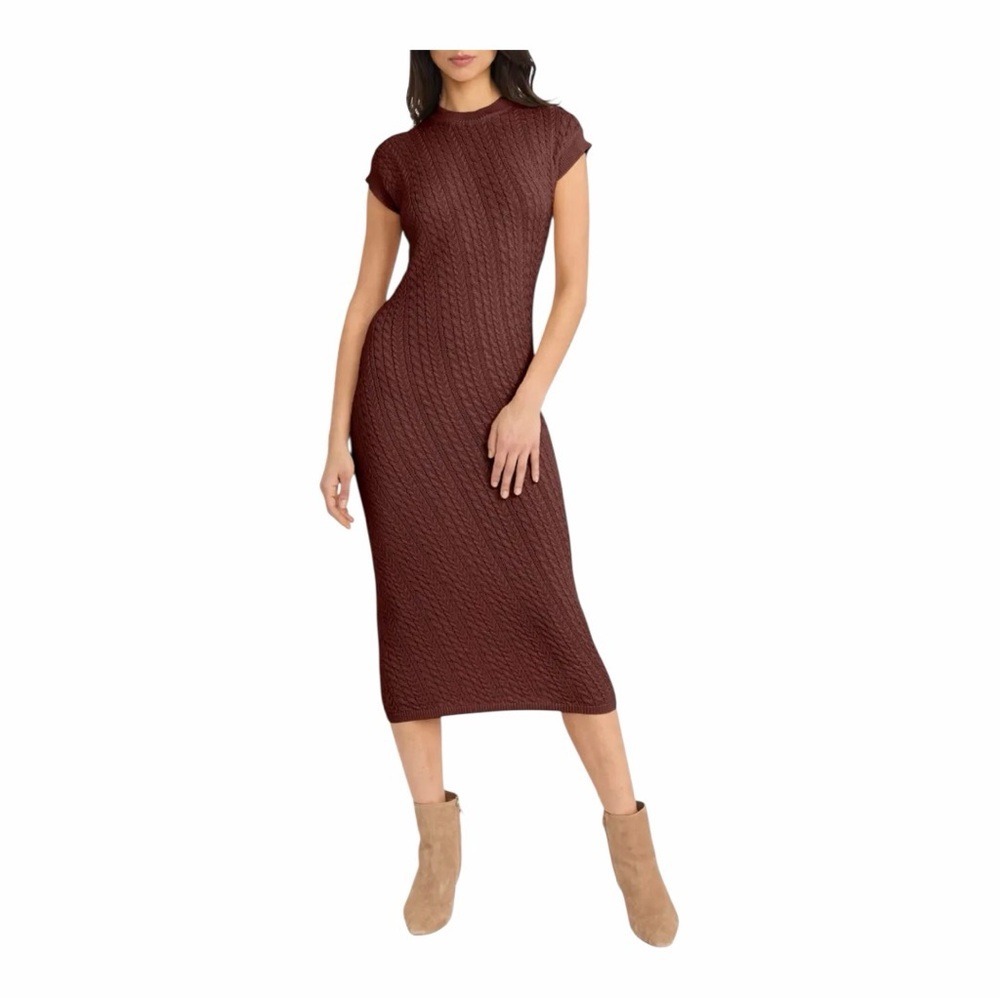 The Good Journey Cable Knit Sweater Dress Brown Midi Bodycon‎ Ribbed NWOT Size L